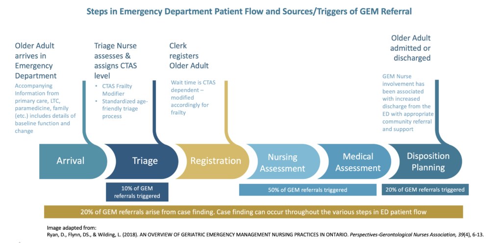 Steps in emergency department patient flow and triggers of GEM referral